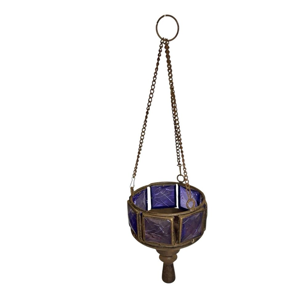 Antique Hanging Tea Light Candle Holder - Quality Metal w/ Purple Glass Design